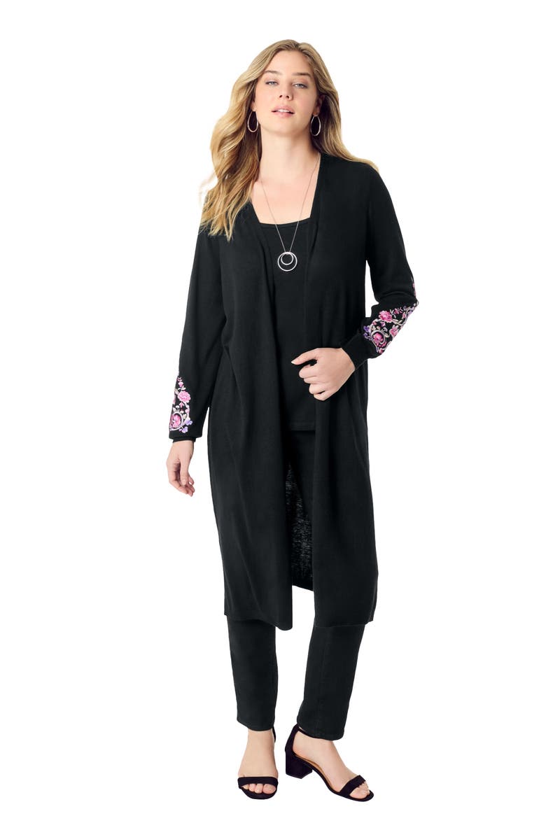 Roaman's Embroidered Duster Cardigan, Main, color, Black Bloom Vine
