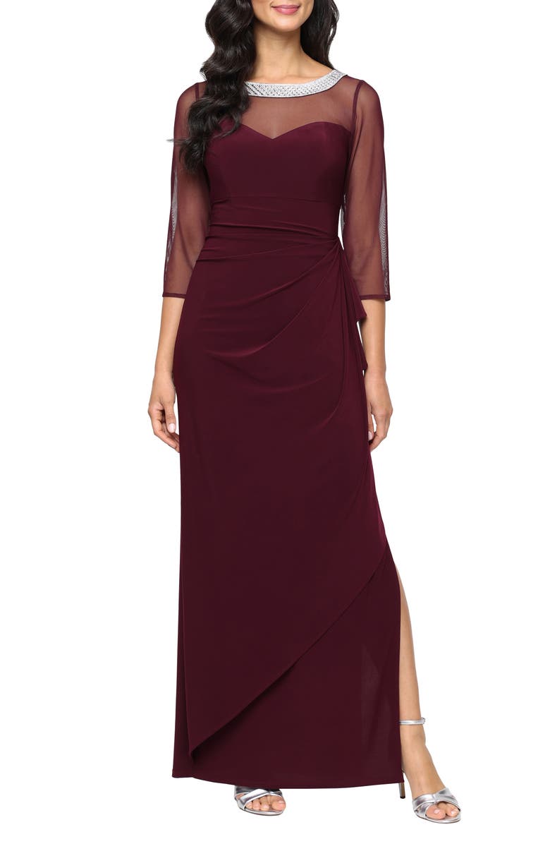 Alex Evenings Illusion Embellished Detail Jersey Gown, Main, color, Fig