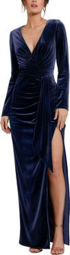 Mac Duggal Long Sleeve Deep V Neck Draped Velvet Gown