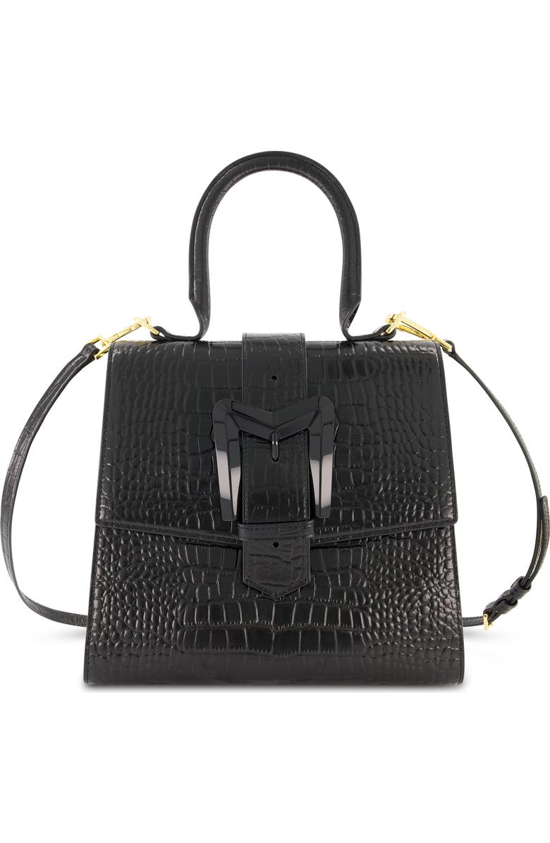Mac Duggal Crocodile Leather Buckle Detail Medium Handbag, Main, color, Black