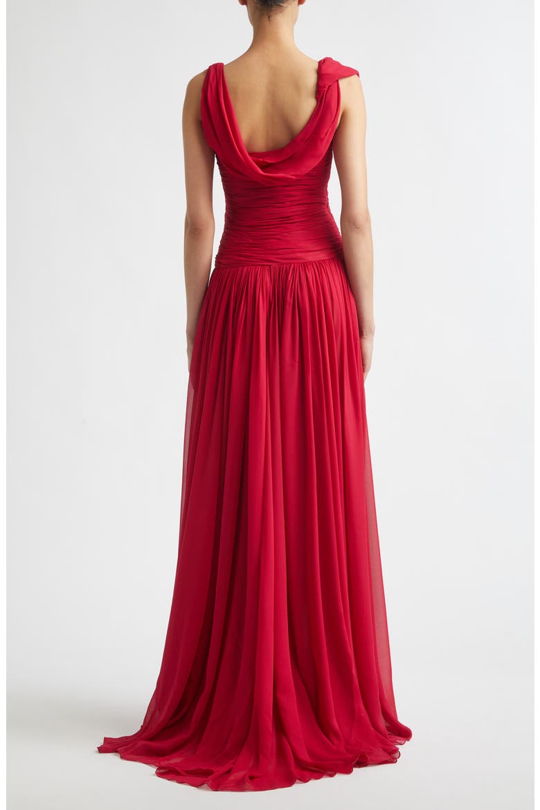 Floral Appliqué Draped Silk Chiffon Gown, Alternate, color, CRANBERRY