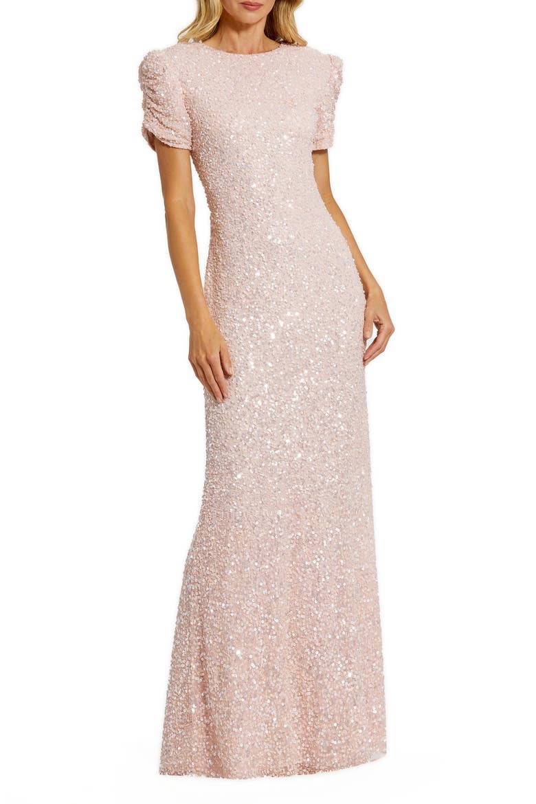 Women's Embellished Mesh High Neck Puff Sleeve Gown, Main, color, BLUSH