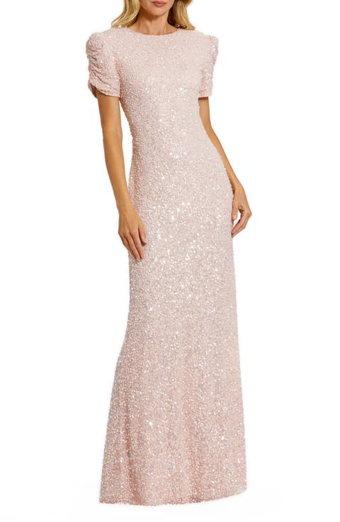 Women's Embellished Mesh High Neck Puff Sleeve Gown