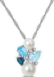 Julianna B. Pearl Blue Topaz & Diamond Cluster Necklace 14k