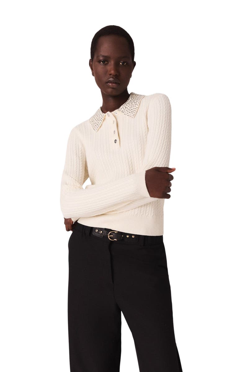maje Knit polo shirt with rhinestone collar, Alternate, color, Ecru