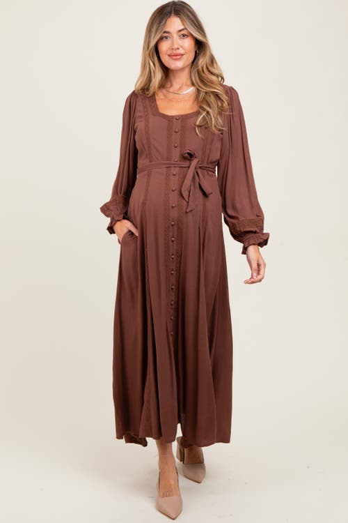 Pinkblush Lace Detail Button Down Maxi Dress In Brown