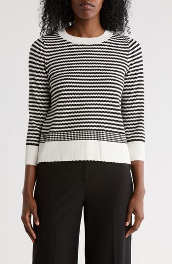 Adrianna Papell Scalloped Stripe Sweater In Blue