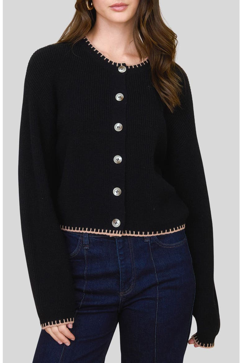 Contrast Stitch Button Front Cardigan, Main, color, BLACK
