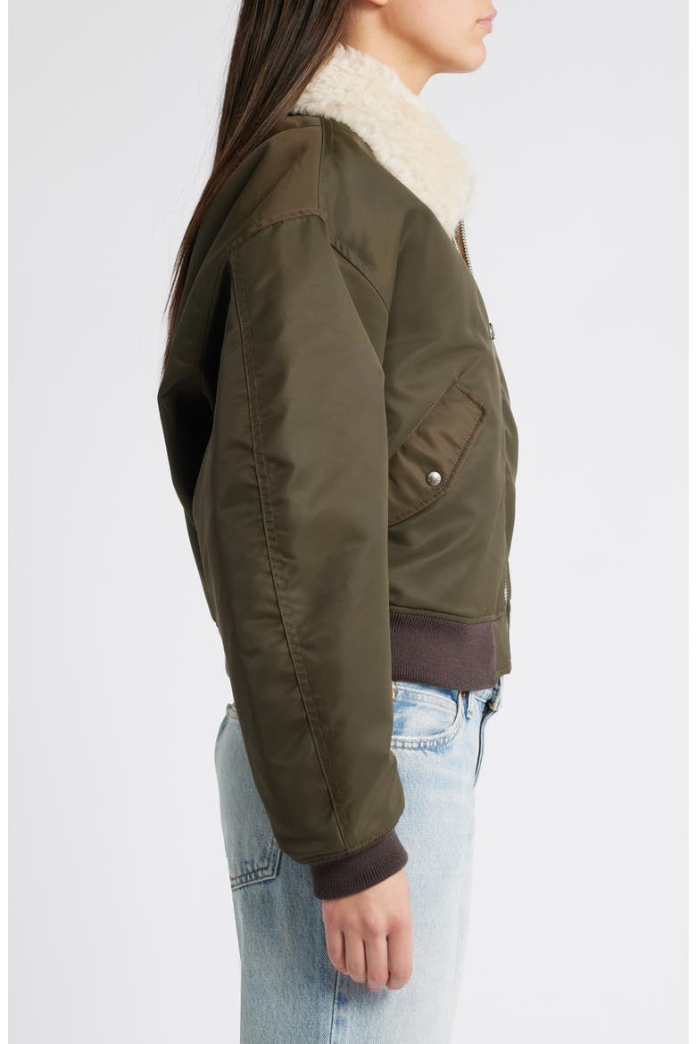 Shrunken Genuine Shearling Collar Water Resistant Bomber, Alternate, color, DARK MILITARY