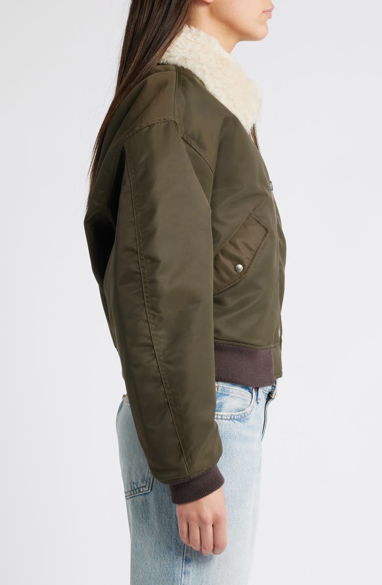 Re/Done Shrunken Genuine Shearling Collar Water Resistant Bomber, Alternate, color, Dark Military