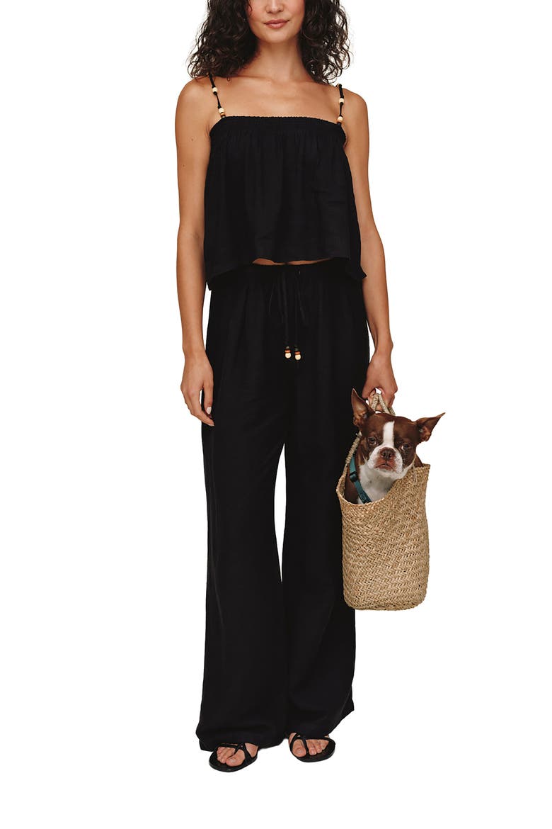 Beaded Drawstring Linen Blend Beach Pants, Alternate, color, BLACK