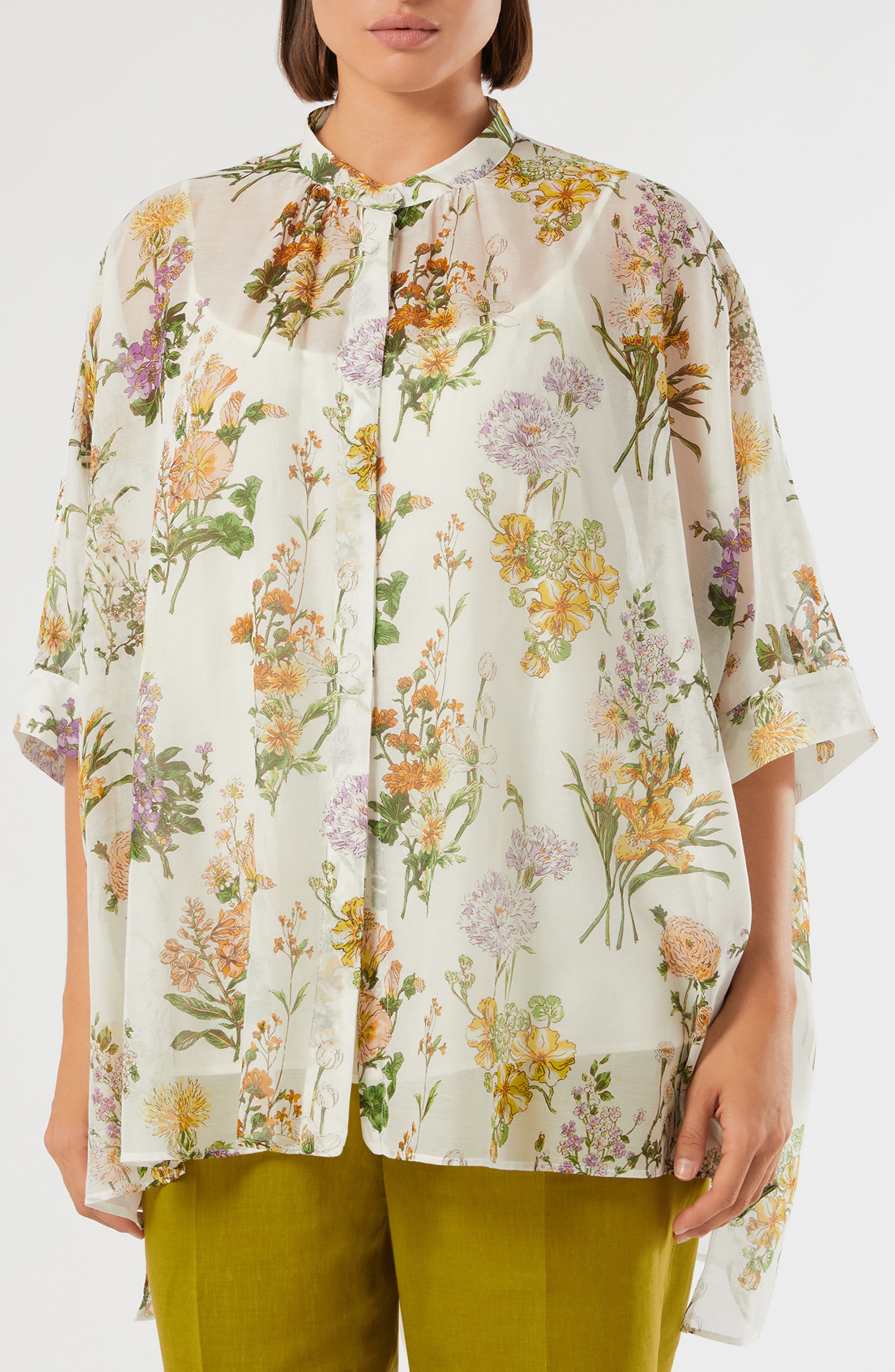 Paniere Oversize Floral Cotton & Silk Button-Up Tunic