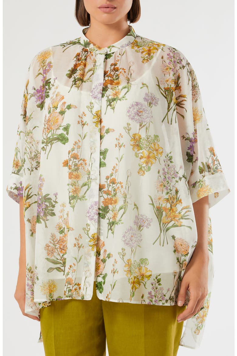 Paniere Oversize Floral Cotton & Silk Button-Up Tunic, Main, color, WHITE