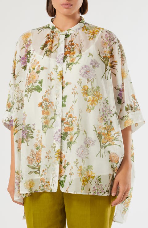 Paniere Oversize Floral Cotton & Silk Button-Up Tunic (Plus)