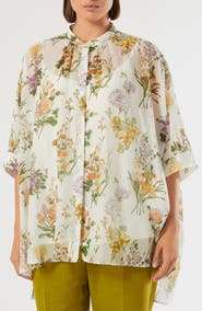 Marina Rinaldi Paniere Oversize Floral Cotton & Silk Button-Up Tunic