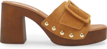 Steve Madden MARLENA プラットフォームサンダル MARLENA Sand Suede Women's Wood Bottom Mule Platform Heel