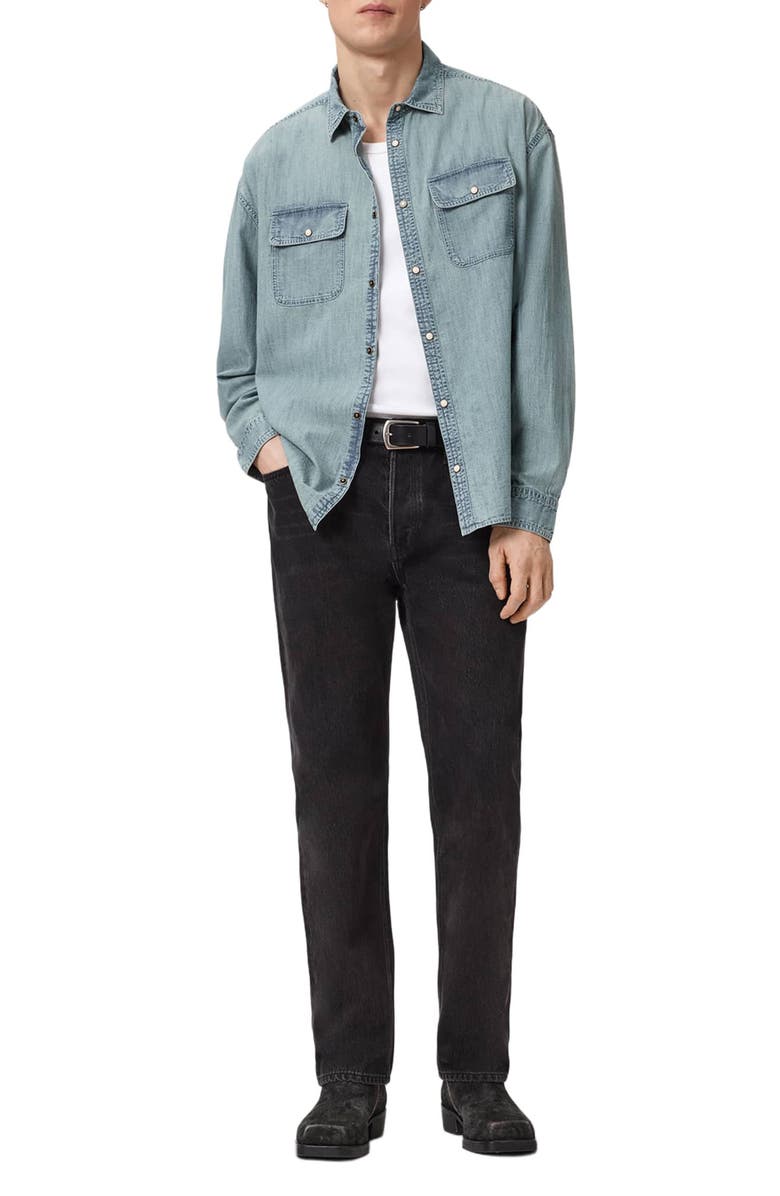 AllSaints Gribbs Cotton Denim Snap-Up Shirt, Alternate, color, Faded Indigo