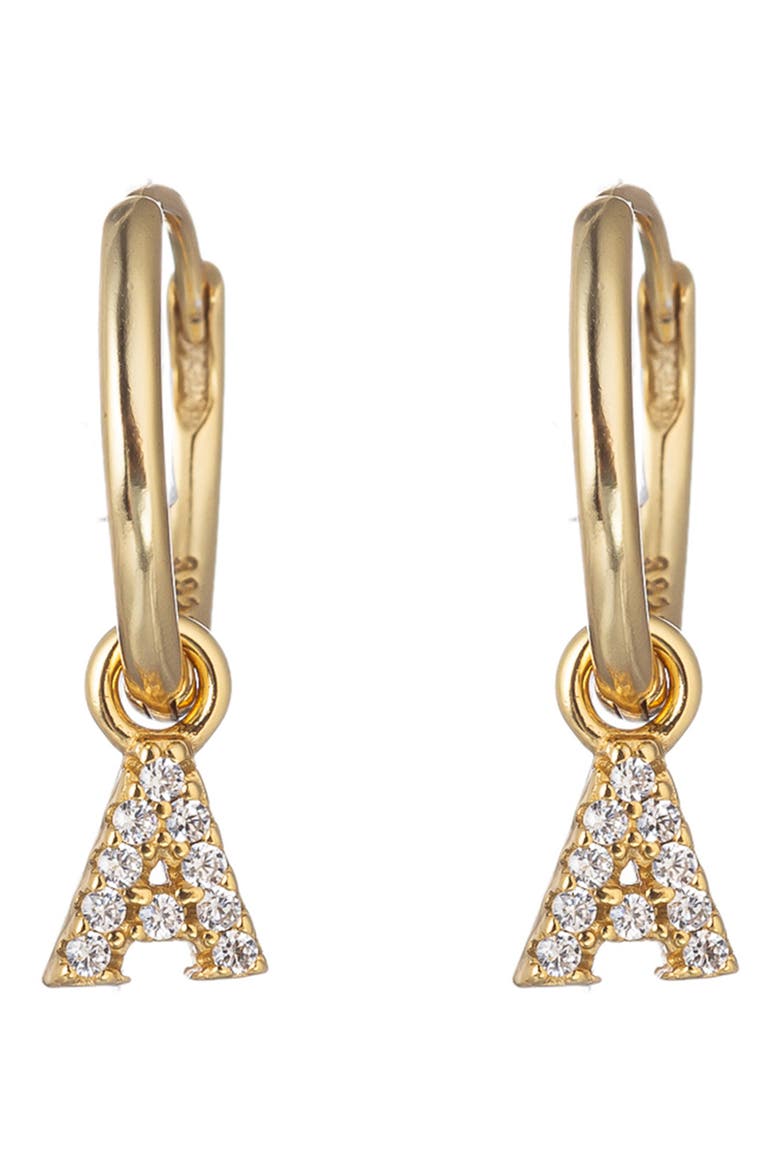 14K Gold Plated Sterling Silver Pave CZ Initial Charm Huggie Earrings, Main, color, GOLD-A