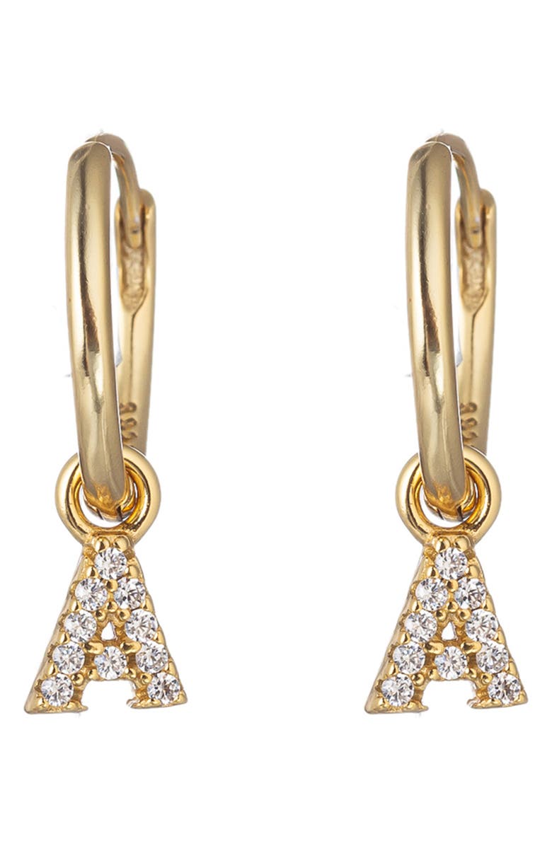 EYE CANDY LOS ANGELES 14K Gold Plated Sterling Silver Pave CZ Initial Charm Huggie Earrings, Main, color, 