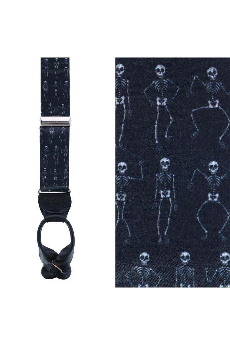 Davy Bones the Dancing Skeleton Silk Button End Suspenders, Main, color, Black