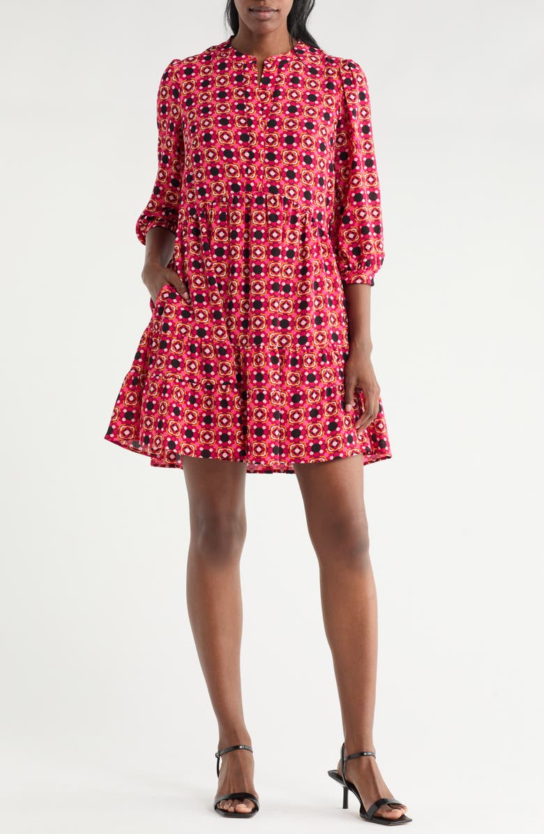 Eliza J Floral Medallion 3/4 Sleeve Ruffle Dress, Main, color, 