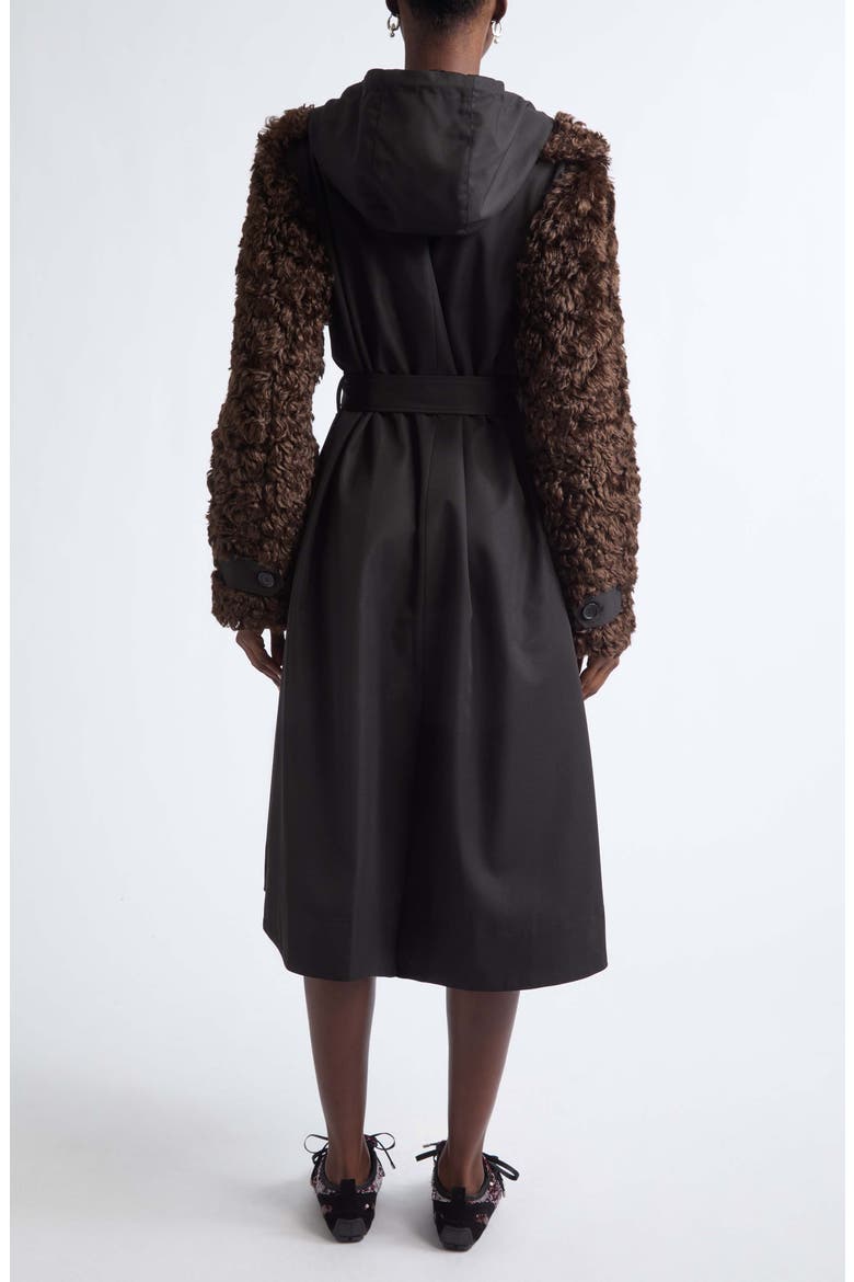Faux Fur Detail Trench Coat, Alternate, color, BLACK/ BROWN