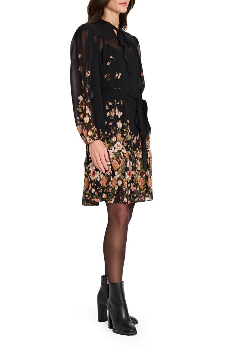 Tahari ASL Print Tie Waist Long Sleeve Dress, Alternate, color, Black Multi