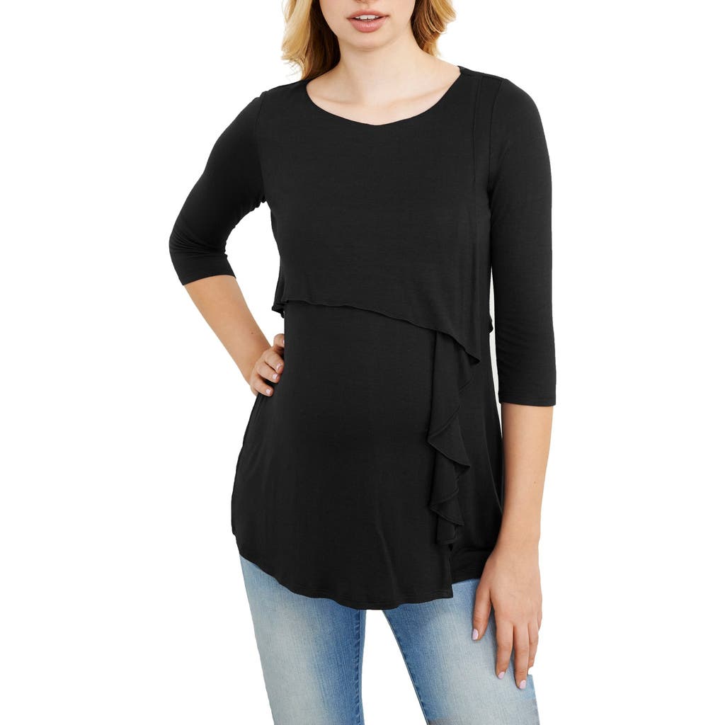 Maternal America Cascade Ruffle Front Maternity/Nursing Top in Black  product
