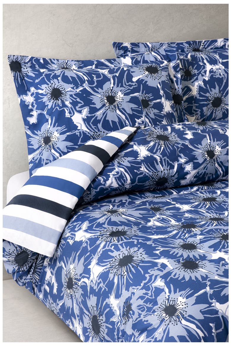 Awning Stripe & Poppy Reversible Cotton Percale Duvet Cover Set, Alternate, color, BLUE
