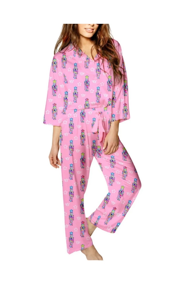 Graffiti Nutcracker Silky 3/4 Sleeve Pants Set, Main, color, Pink