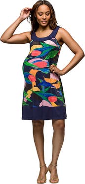 24seven Comfort Apparel Maternity Blue Floral Scoop Neck Sleeveless Knee Length Dress