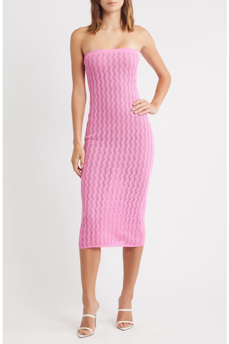 Strapless Pointelle Body-Con Midi Dress, Main, color, CANDY FLOSS
