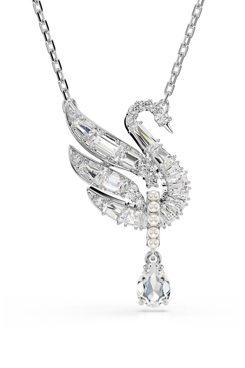 Swan Crystal & Faux Pearl Pendant Necklace, Main, color, WHITE/ SILVER