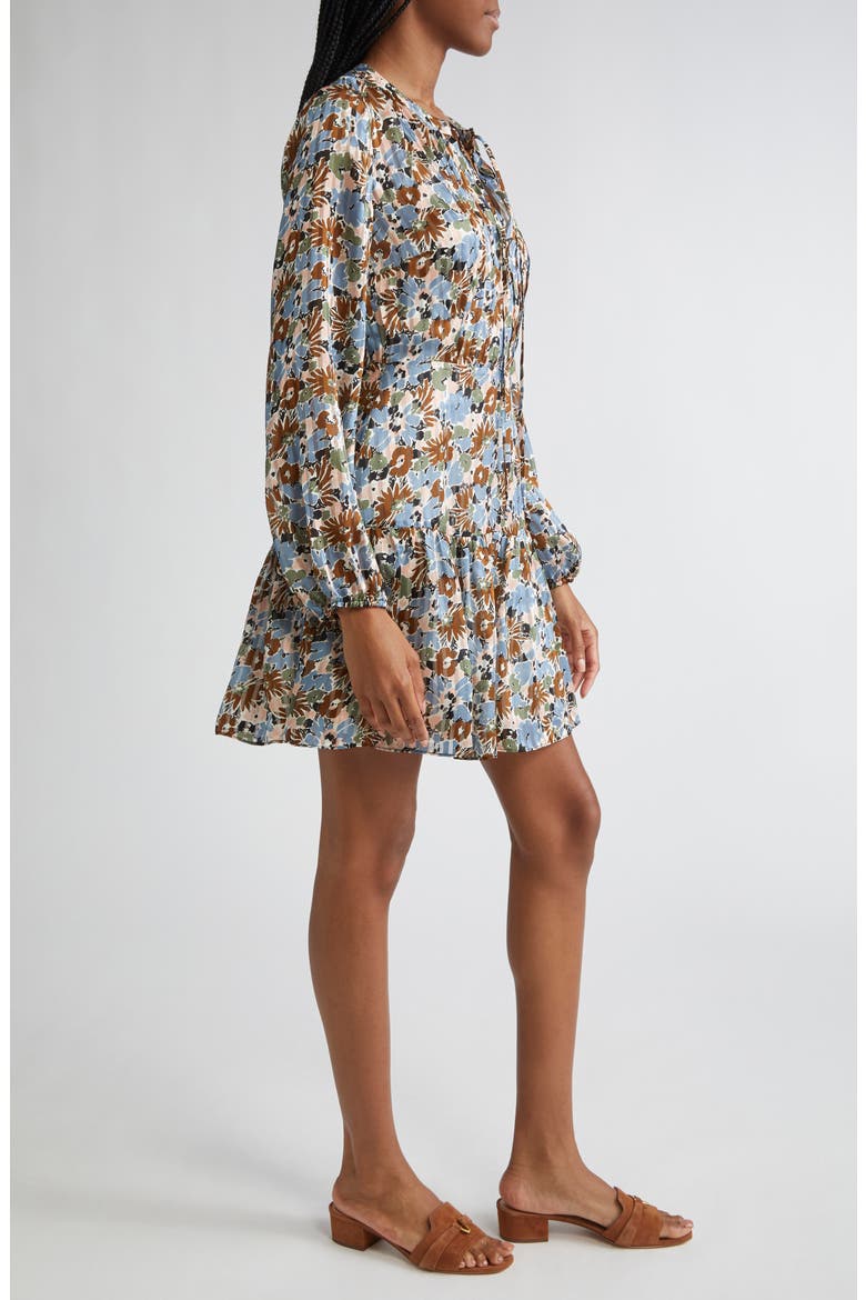 Nyjah Floral Pintuck Long Sleeve Silk Minidress, Alternate, color, LAKE MIST MULTI