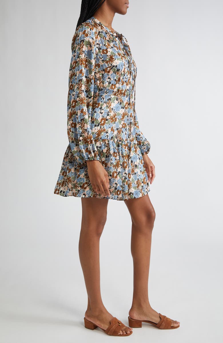 Veronica Beard Nyjah Floral Pintuck Long Sleeve Silk Minidress, Alternate, color, Lake Mist Multi