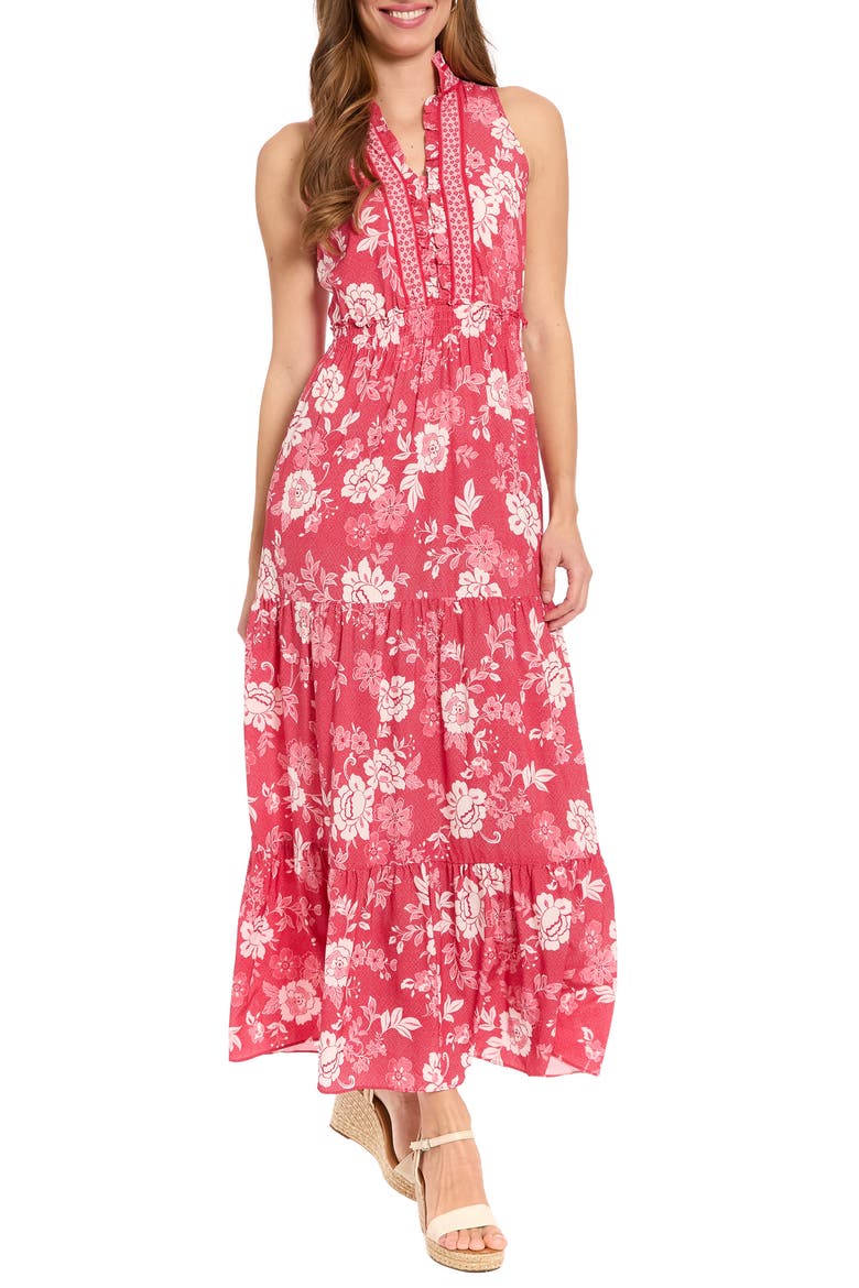 Floral Sleeveless Smocked Waist Tiered Maxi Dress, Main, color, GOGI BERRY/ SOFT WHITE