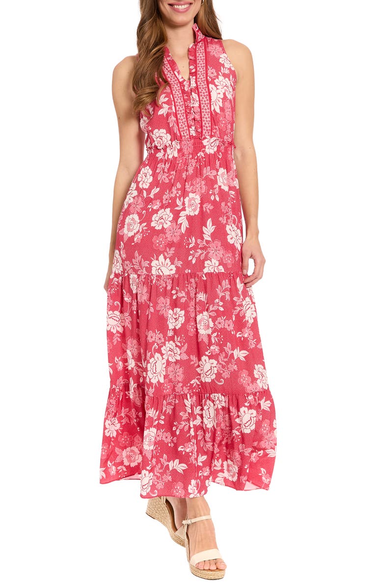 London Times Floral Sleeveless Smocked Waist Tiered Maxi Dress, Main, color, Gogi Berry/ Soft White