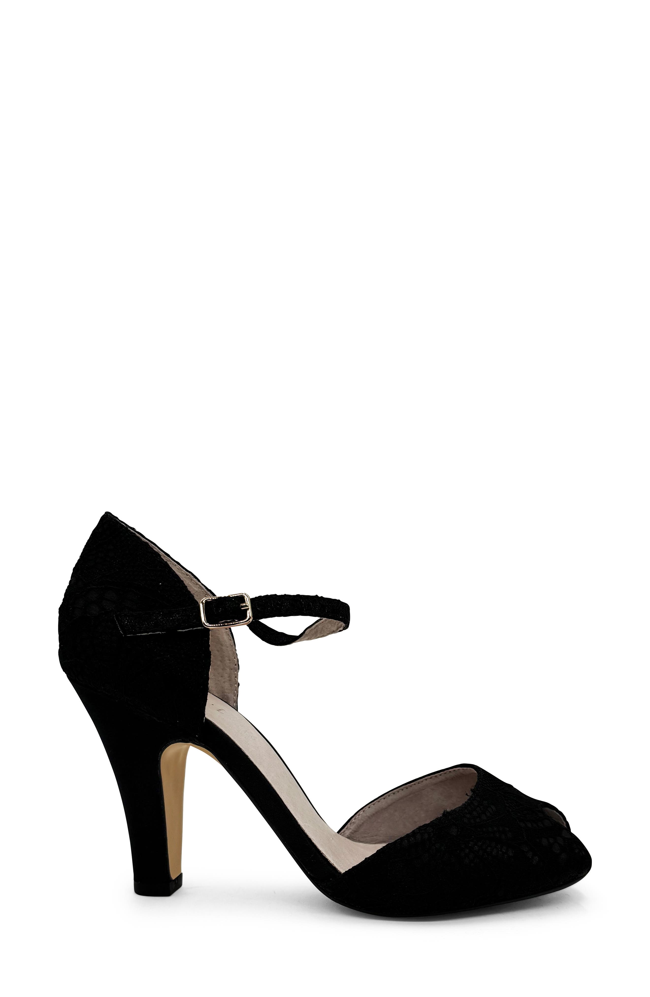 CHELSEA CREW Lulu Ankle Strap Peep Toe Pump, Alternate, color, Black Lace/ Satin