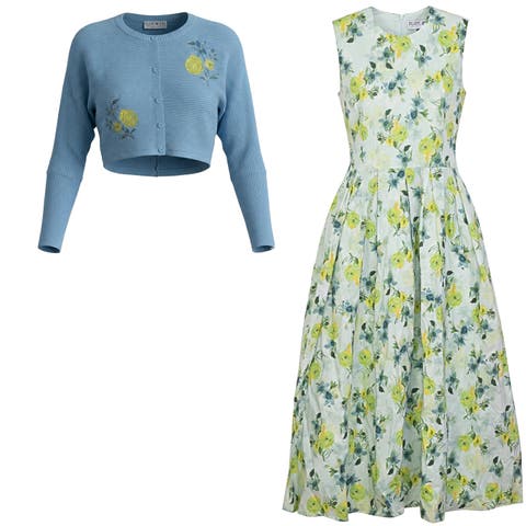 Embroidered Cotton Cardigan and Pleated Dress 2-Piece Set