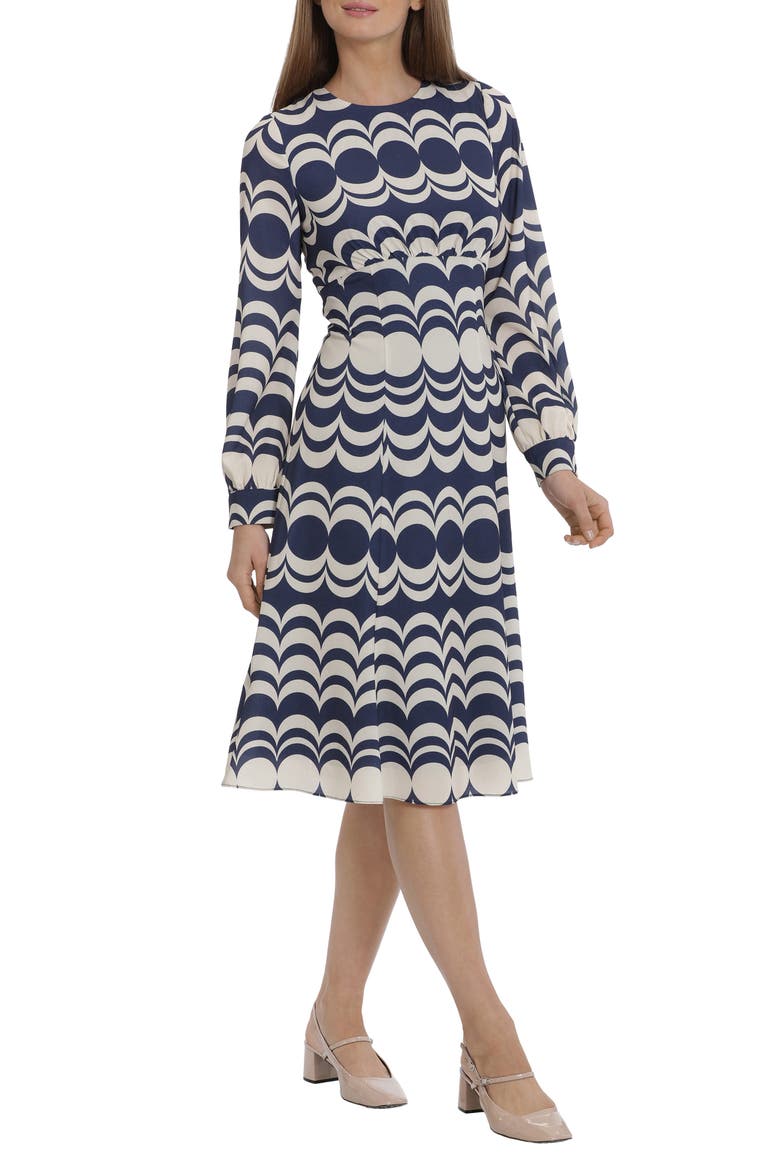 Geo Print Long Sleeve Dress, Alternate, color, NAVY/ BEIGE