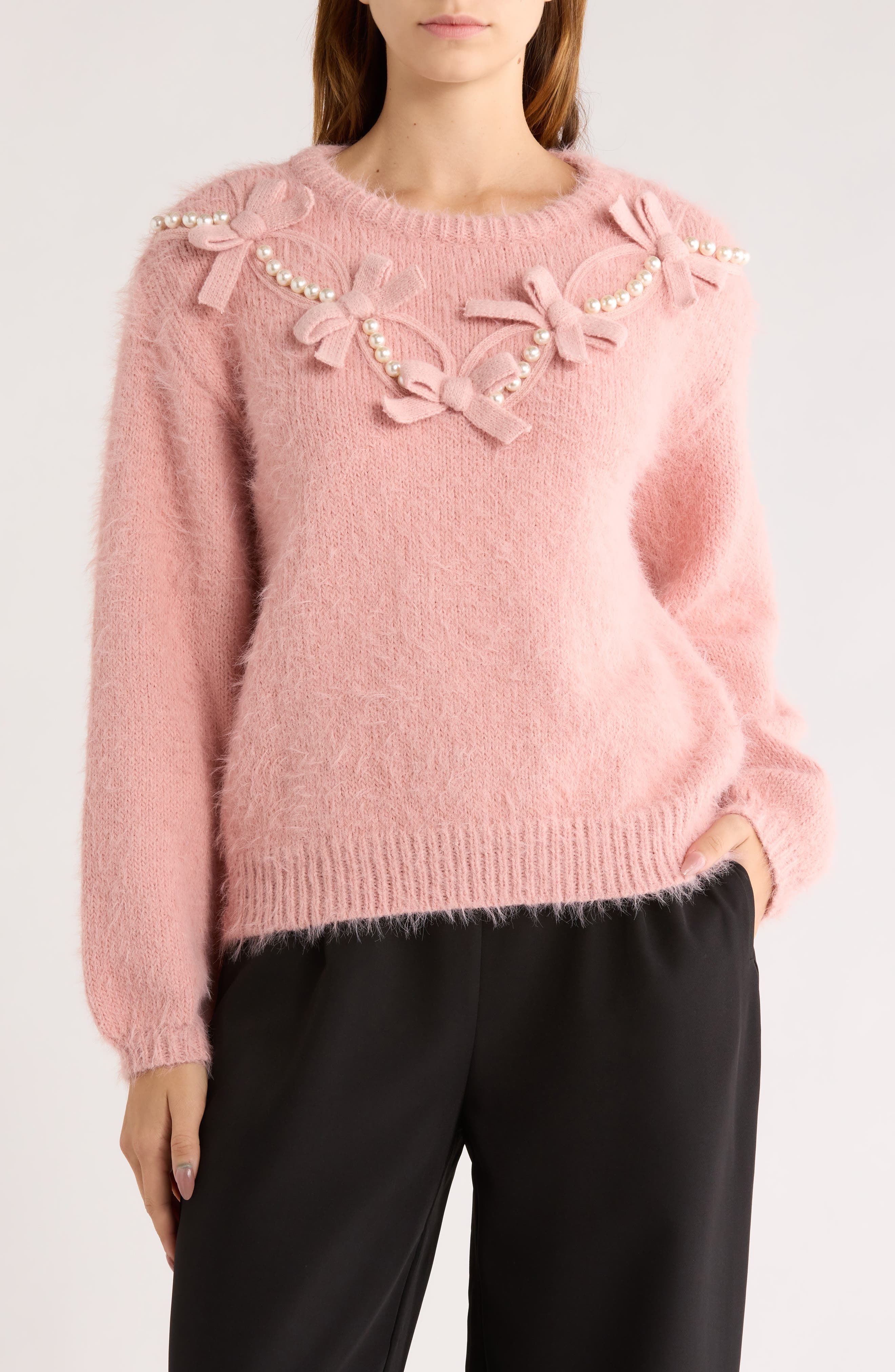 Love By Design Faux Pearl & Bow Embellished Crewneck Sweater