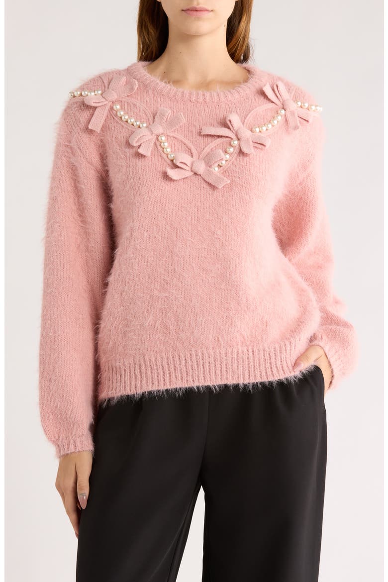 Faux Pearl & Bow Embellished Crewneck Sweater, Main, color, PEACH BEIGE