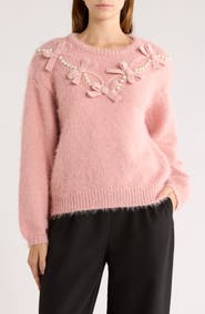 Love By Design Faux Pearl & Bow Embellished Crewneck Sweater