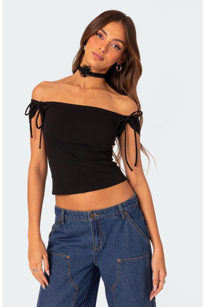 Jess Tie Sleeve Off the Shoulder Crop Top, Alternate, color, BLACK