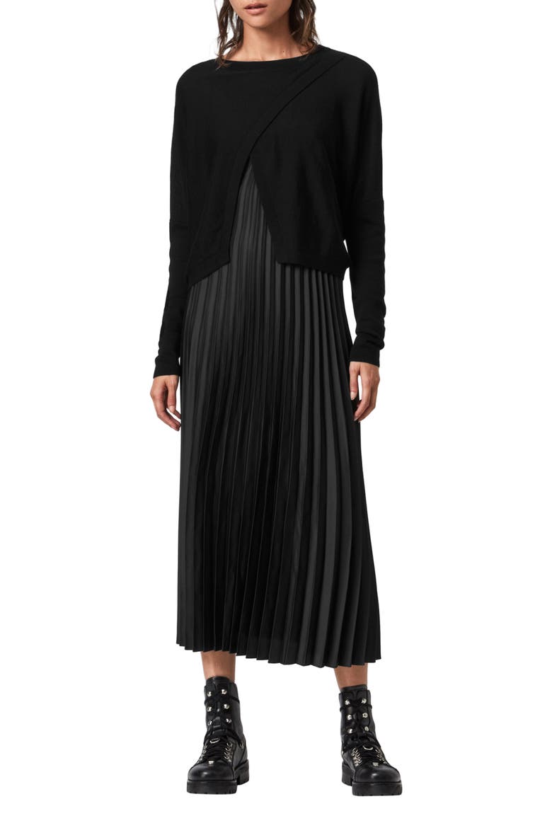 Lori Pleated Slipdress & Sweater, Main, color, BLACK