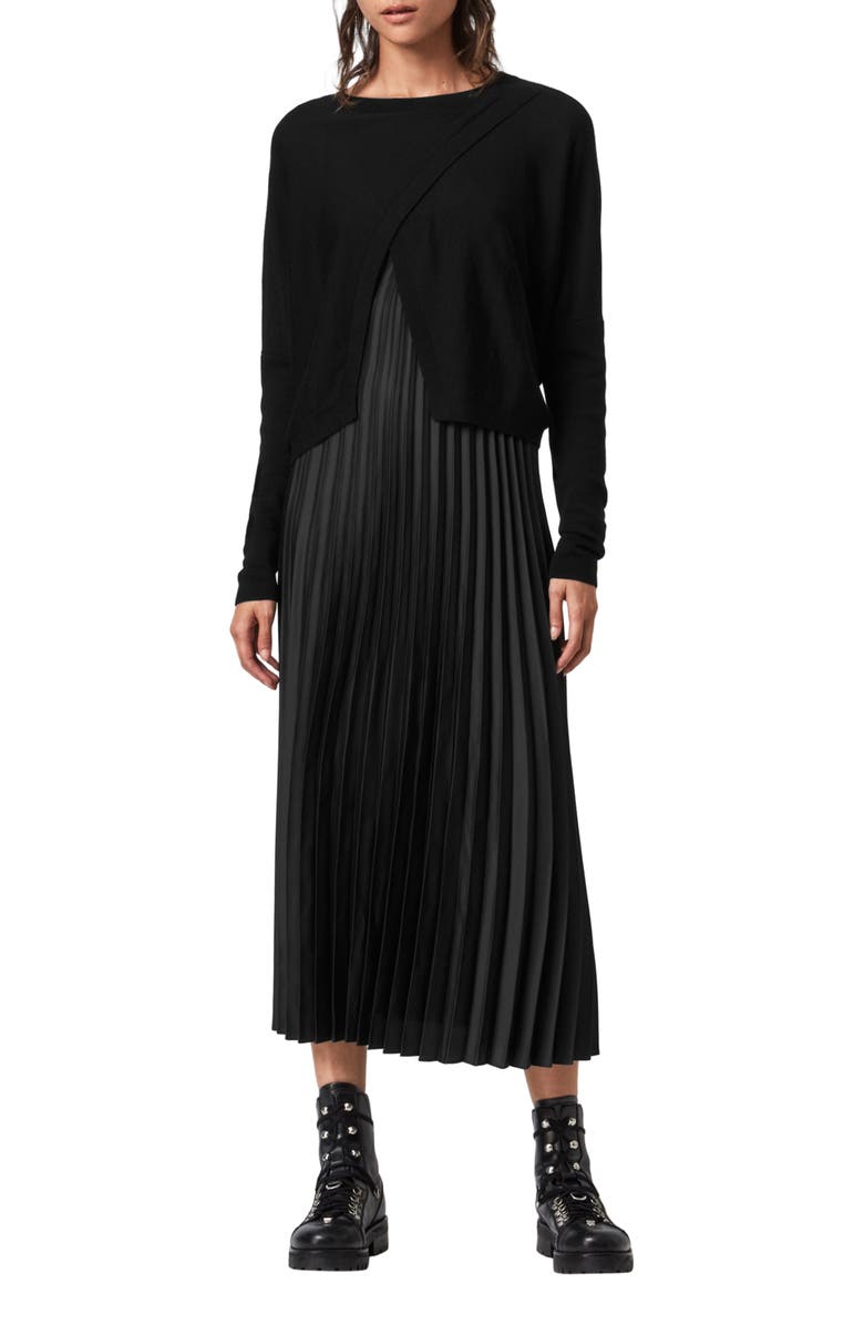AllSaints Lori Pleated Slipdress & Sweater, Main, color,