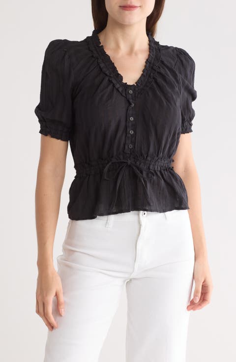 Shadow Stripe Ruffle Cotton Button Top