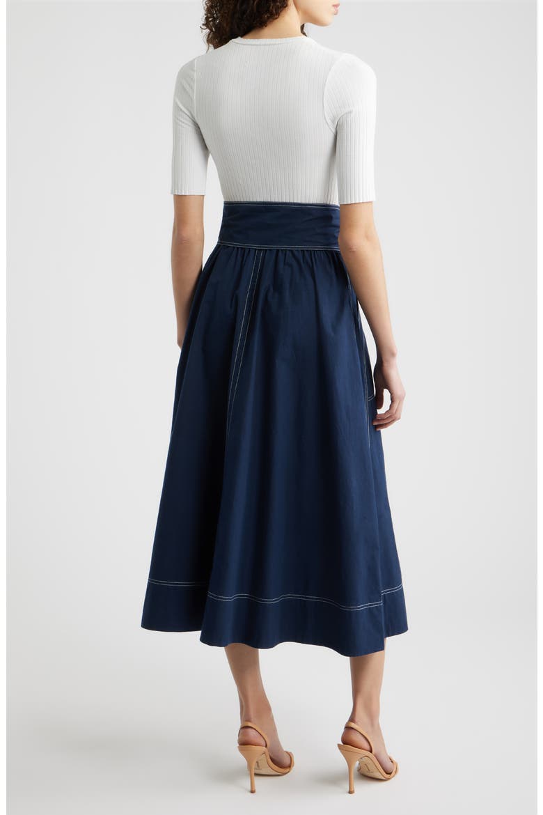 Mixed Media Tie Front Midi Dress, Alternate, color, IVORY NAVY
