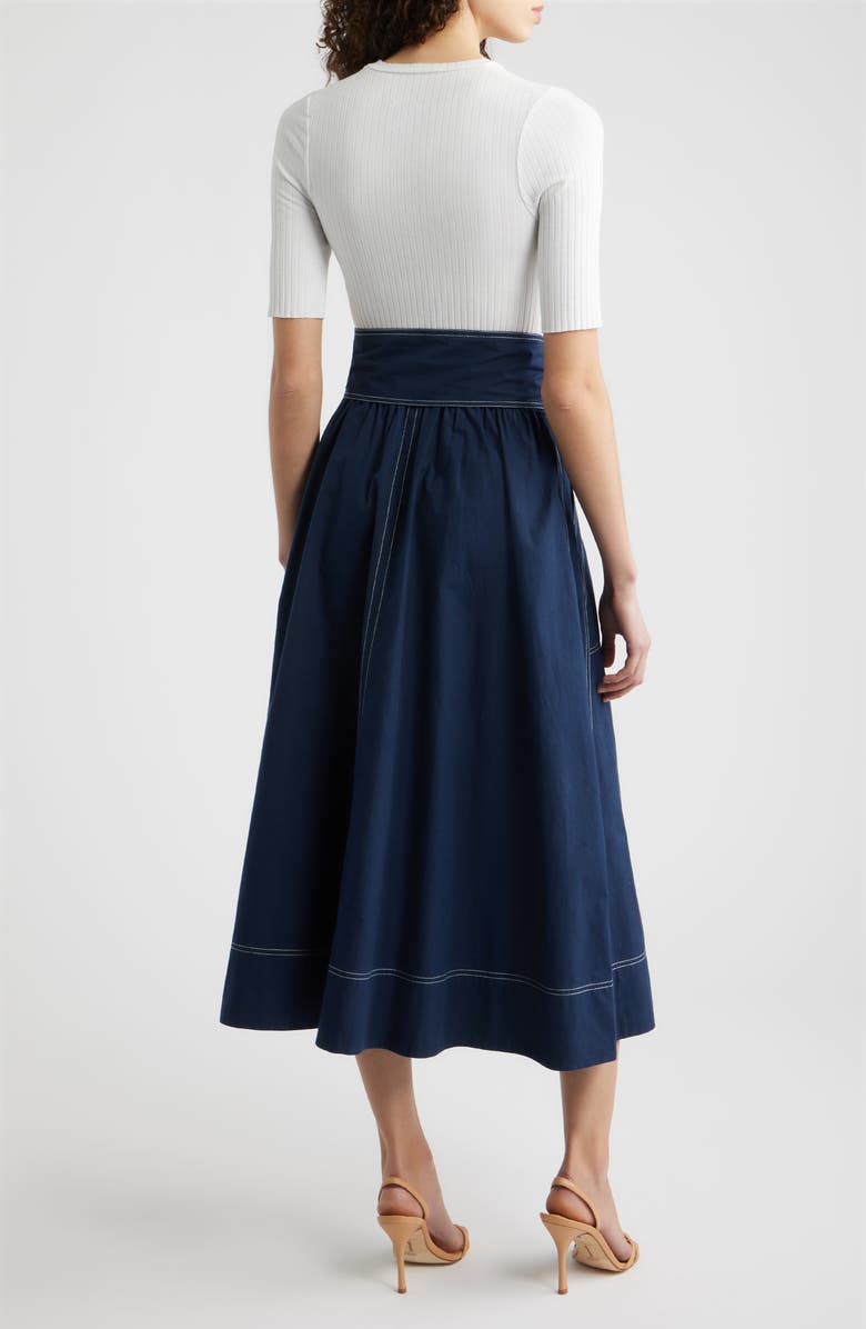 Vince Camuto Mixed Media Tie Front Midi Dress, Alternate, color, Ivory Navy