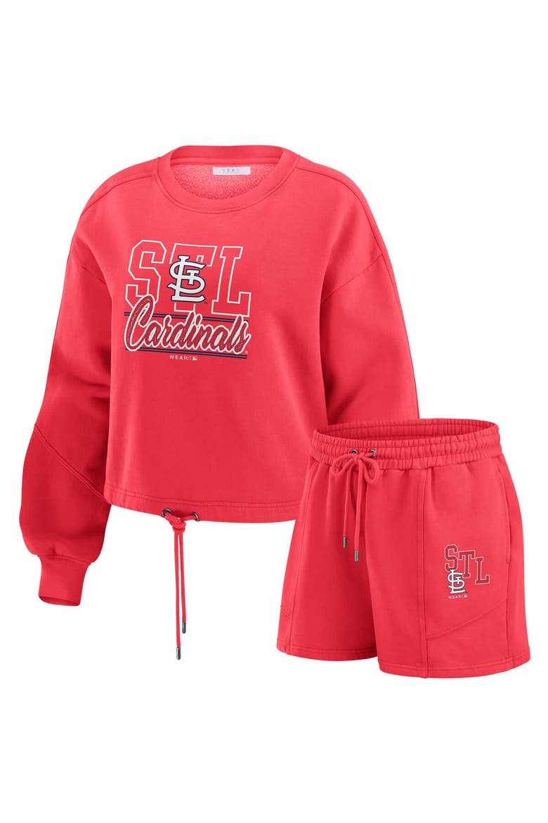 Women's WEAR by Erin Andrews  Red St. Louis Cardinals Washed Fleece Sweatshirt & Shorts Lounge Set, Alternate, color, Red